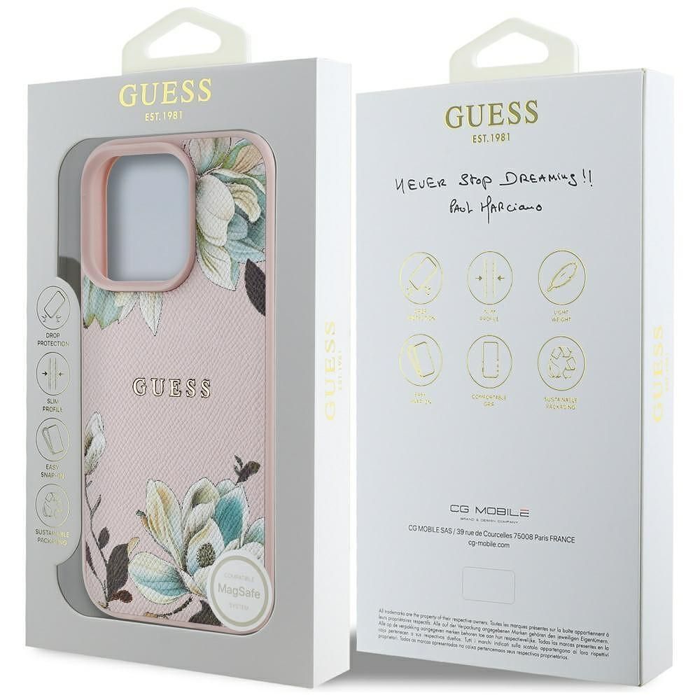 Guess grained flowers magsafe калъф за iphone 16 pro max – pink