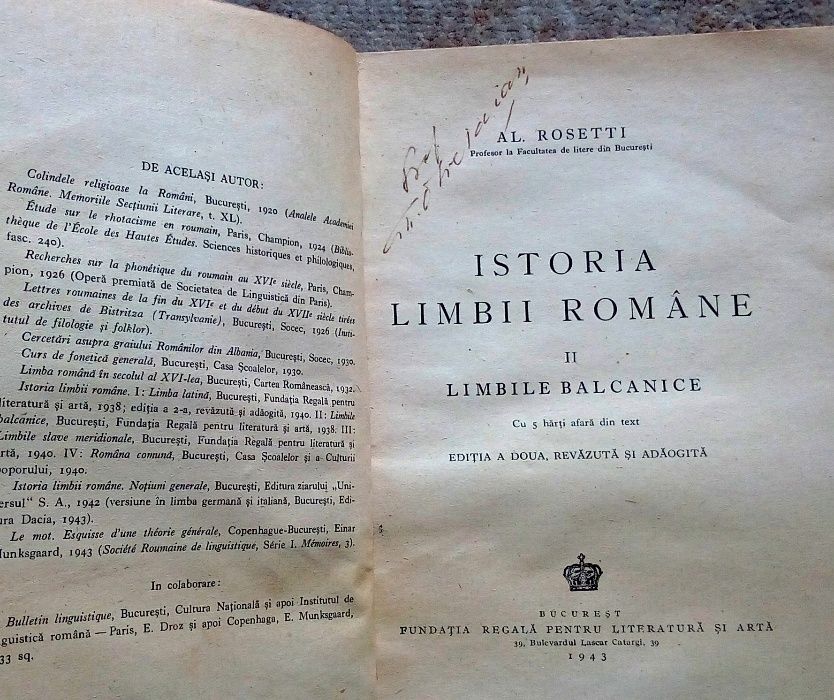 Istoria Limbii Romane. Limbile balcanice. Al Rosetti, 1943