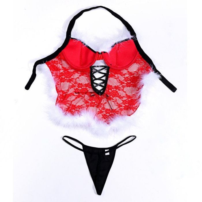 Lenjerie rosie Craciun model corset si dantela