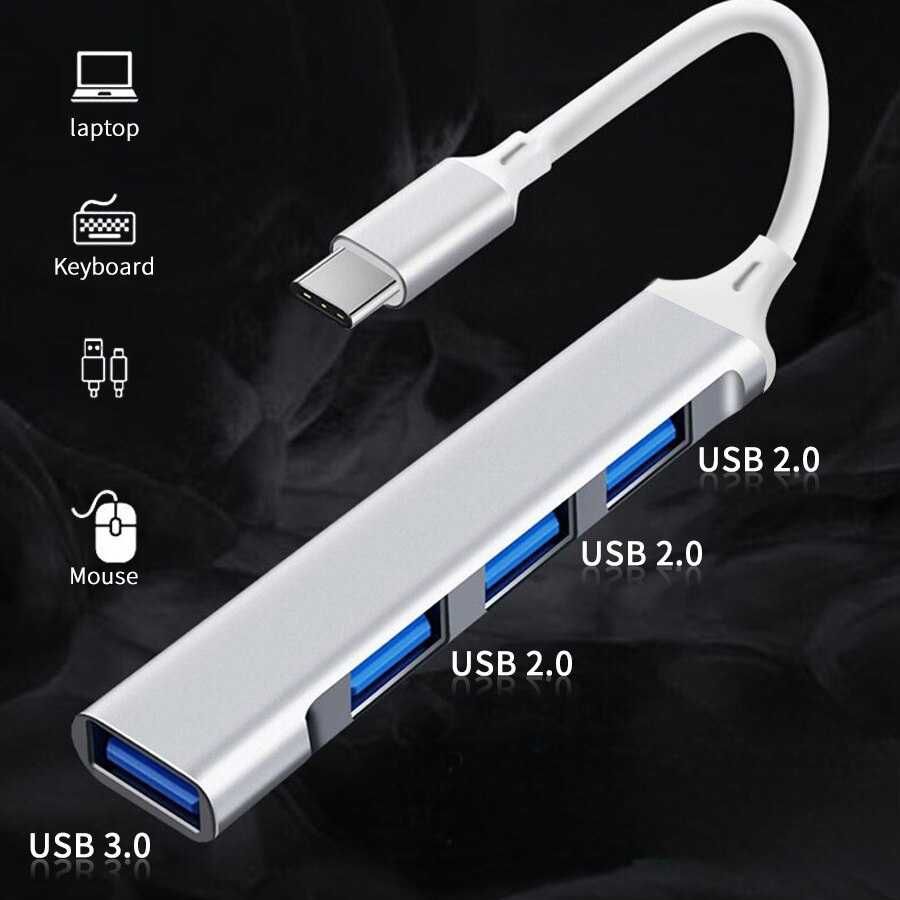 Hub USB pentru laptop. Alimentare USB C. 3+1 porturi, din aluminiu