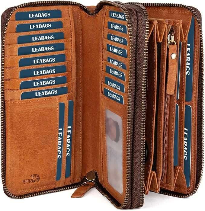 Дамски кожен портфейл LEABAGS с RFID защита, 29 слота за карти
