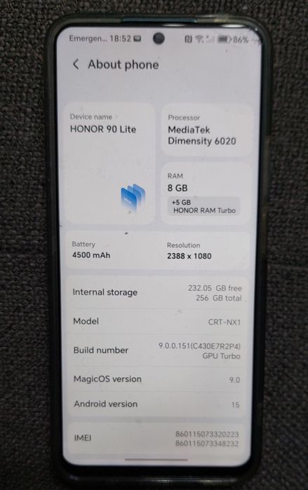 Vind Telefon mobil Honor 90 Lite, 8GB RAM, 256GB, Dual SIM