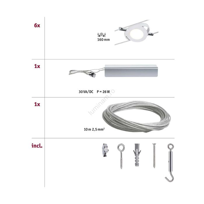 SET 6x spot lustra pe cablu LED/4W ROUNDMAC, albă Paulmann, 5m