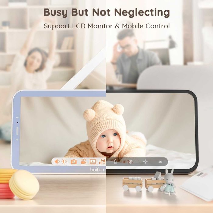 Чисто нов бебефон BOIFUN 5", 1080p WiFi приложение, двупосочно аудио..