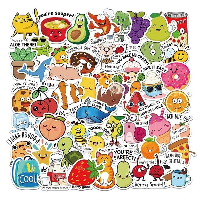 Set 50 stickere Funny Food waterproof, pentru sticle, laptop,telefon