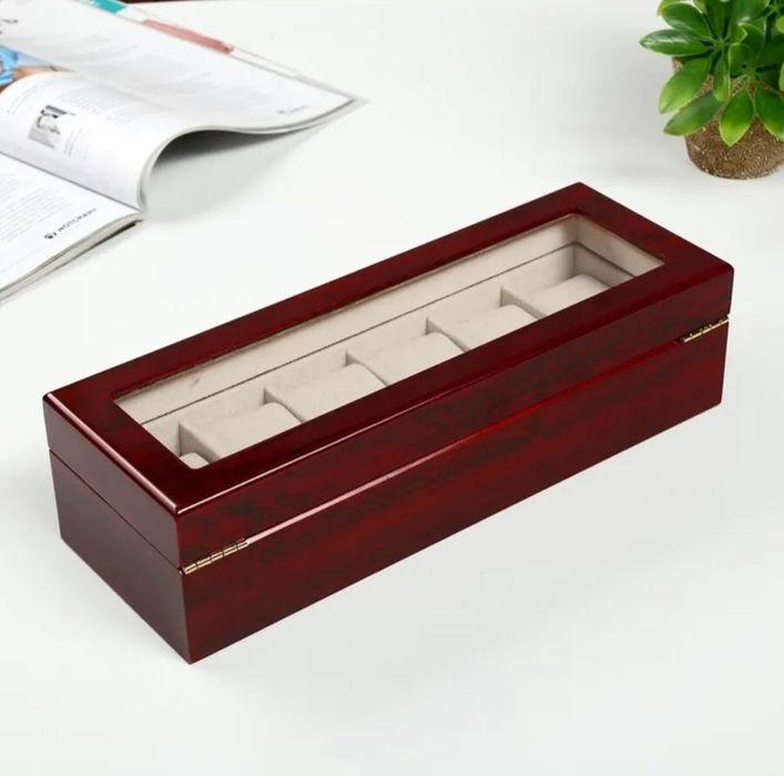 Шкатулка для часов и украшений 6 отделений Красно-коричневая дерево