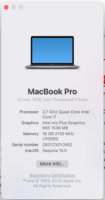 MacBook Pro 13 touchbar, 16GB, i7, 256GB