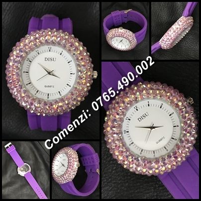 Ceas dama roz mov cristale Swarovski curea silicon quartz sexy