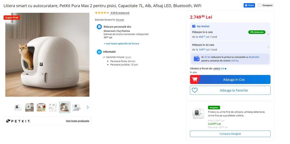 Litiera smart cu autocuratare, PetKit Pura Max 2 / 7L sigilata