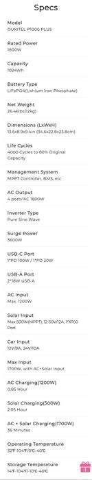 OUKITEL P1000 PLUS Portable Power Station 1800W/1024Wh