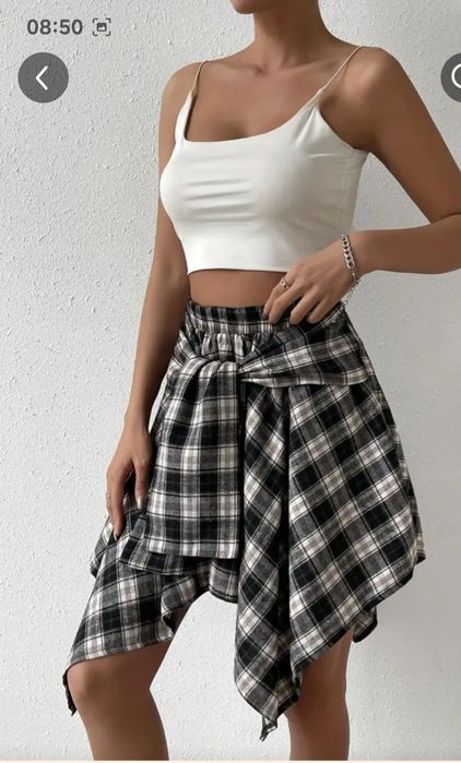 Женская повседневная клетчатая юбка с асимметричным подолом и завязкой