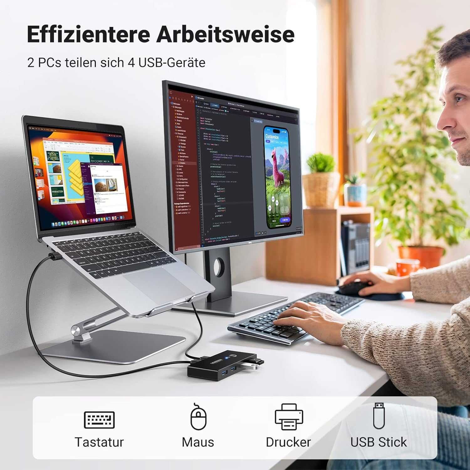 ПРОМО Нов UGREEN KVM Суич 2 x USB 3.0 към 4 x USB 3.0 5Gbps с Гаранция