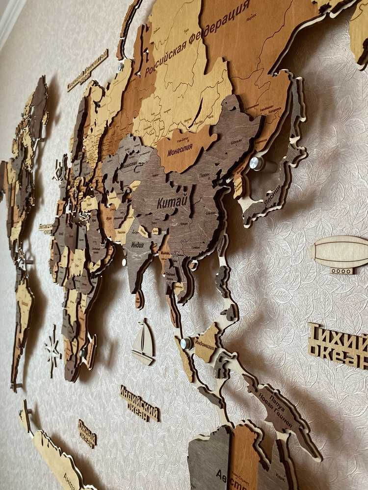 3D Карта мира из дерева Декор/Интерьер/ Подарок/Дизайн/Подсветка/ 25