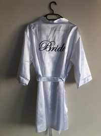 Сатенен бял халат за булка с надпис Bride