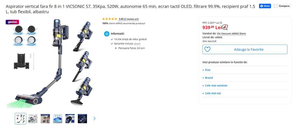 Aspirator vertical fara fir 8 in 1 VICSONIC S7, 35Kpa, 520W