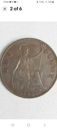 Moneda de un ban 1936 Regele George V, monedă rară,,Englezeasca