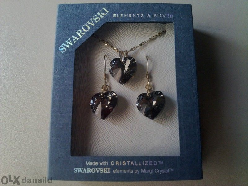 swarovski - elements & silver, нов комплект сърце 18 мм Silver Night