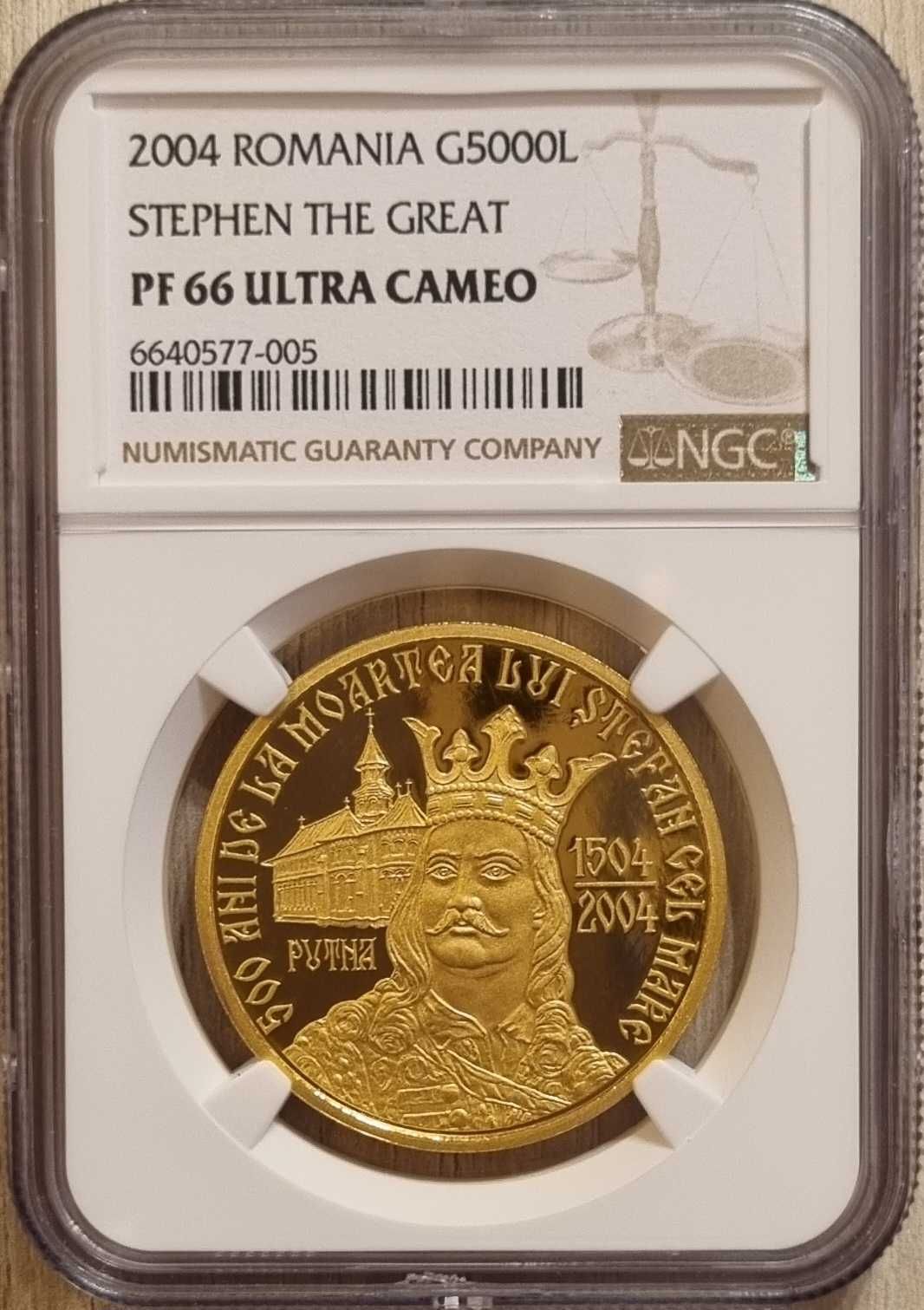 Moneda BNR 5000 lei aur Stefan cel Mare gradata NGC PF 66