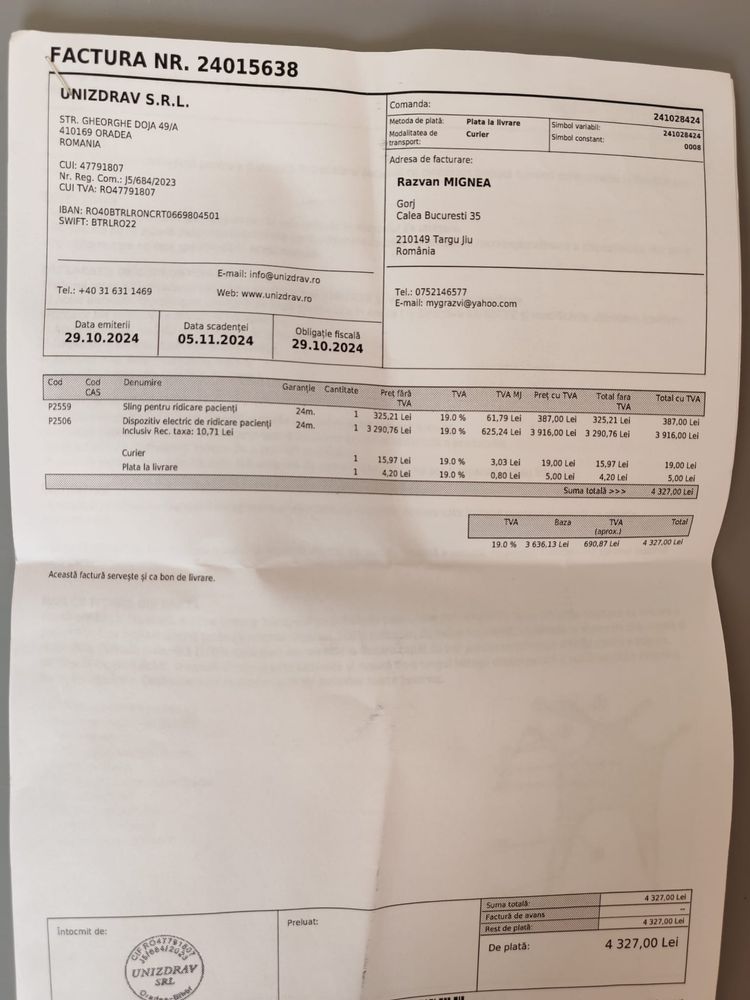 Dispozitiv electric de ridicare pacienti