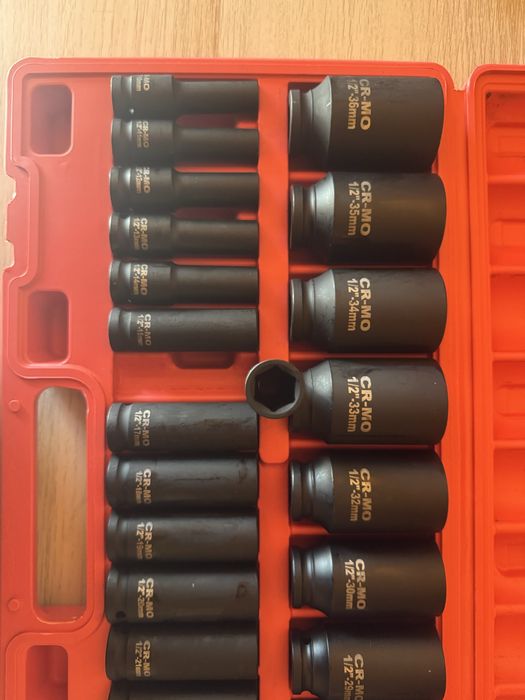 Trusă Tubulare Impact Lungi 26 Piese, 1/2″, 10–36 mm, Roșu, Hexagonale