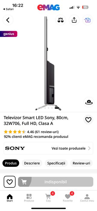Televizor Smart LED Sony, 80cm, 32W706, Full HD, Clasa A