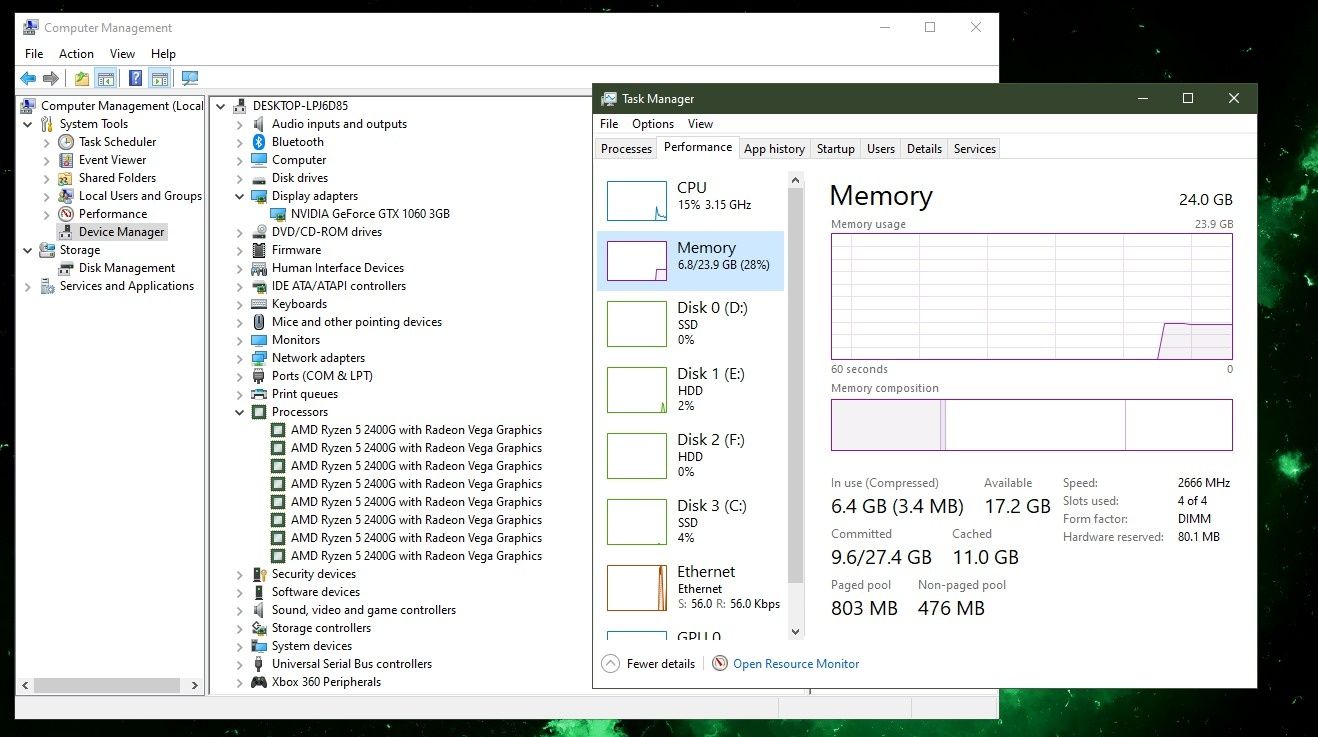 Pc gaming AMD Ryzen 5 2400G 3.6ghz, GTX 1060 3gb, 24gb ram 2666mhz