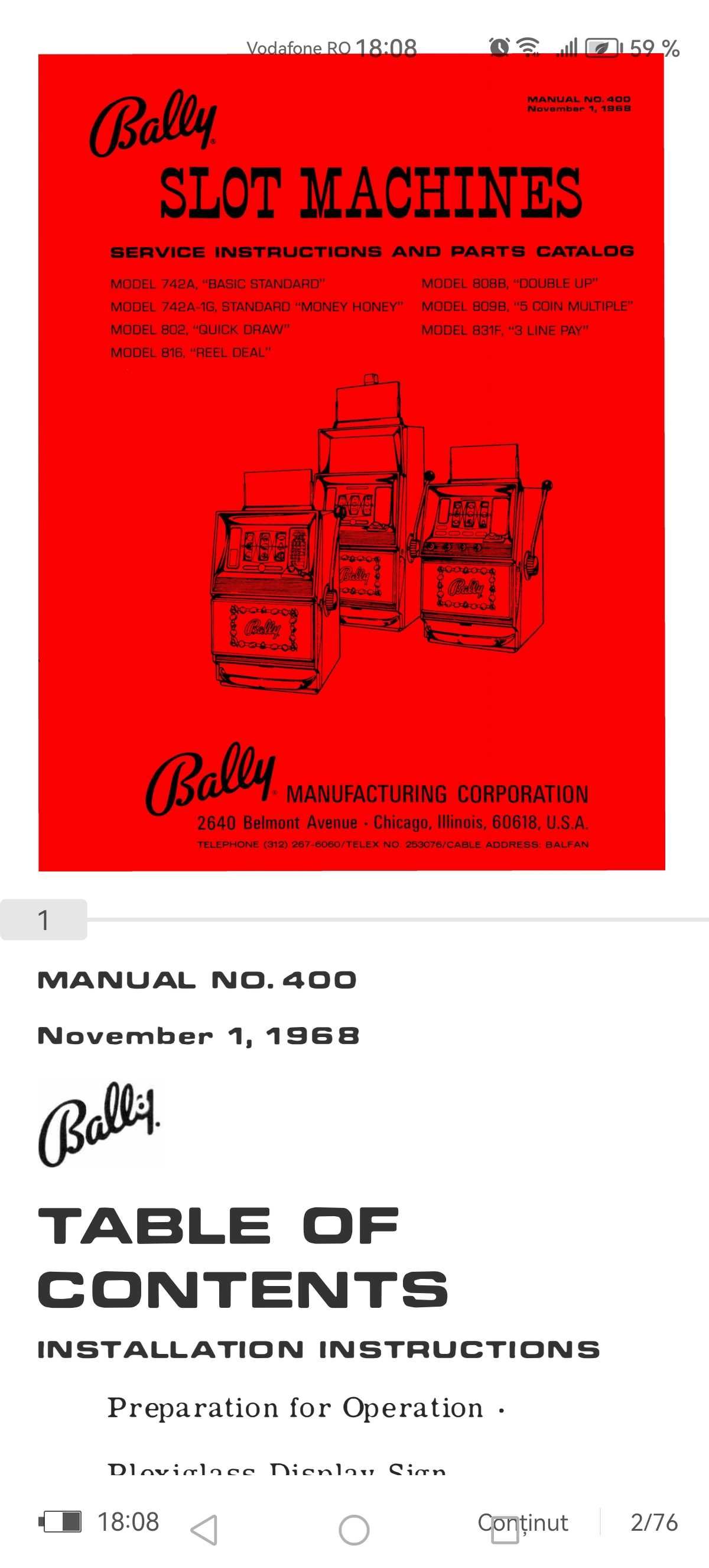 Manual Complect Service BALLY SLOT MACHINE serie E 1980-1986