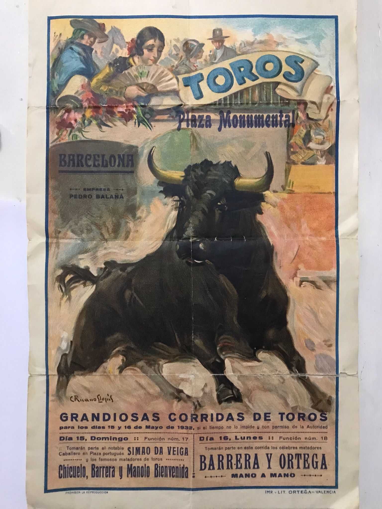 Poster vechi Afis Reclama Corida de Tauri Spania 1932 Litografie