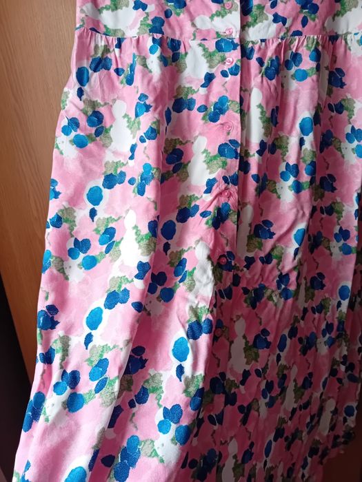 Rochie bumbac, flori roz, lungime medie, Mărimea 48