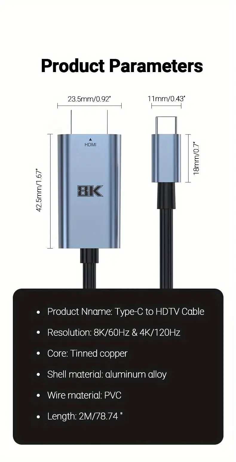 Cablu 8K UHD Type-C la HDMI, 2 m, produs nou