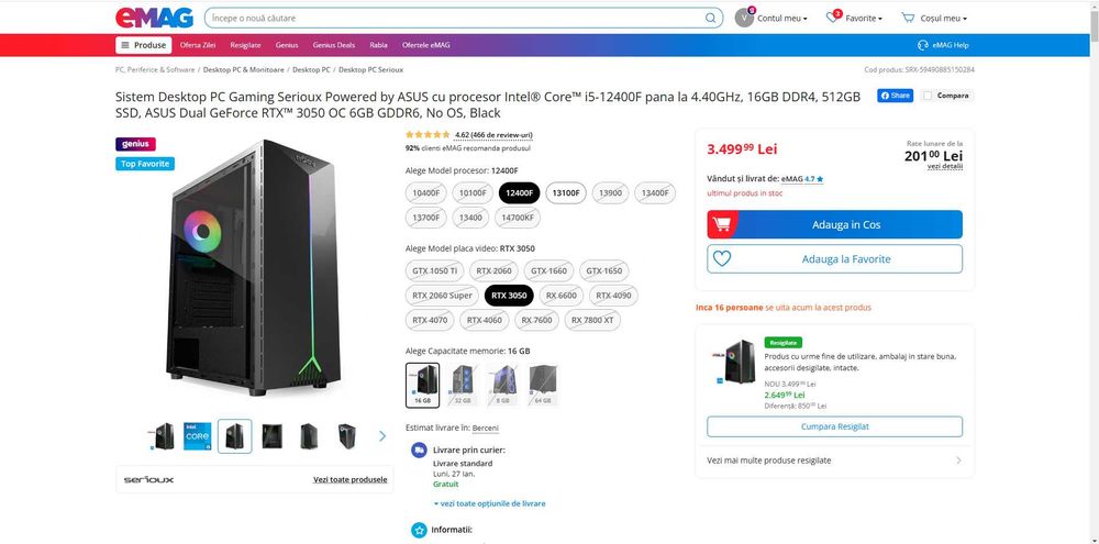 Sistem complet gaming i5-12400F, 16GB DDR4, 512 GB SSD, RTX 3050 6GB