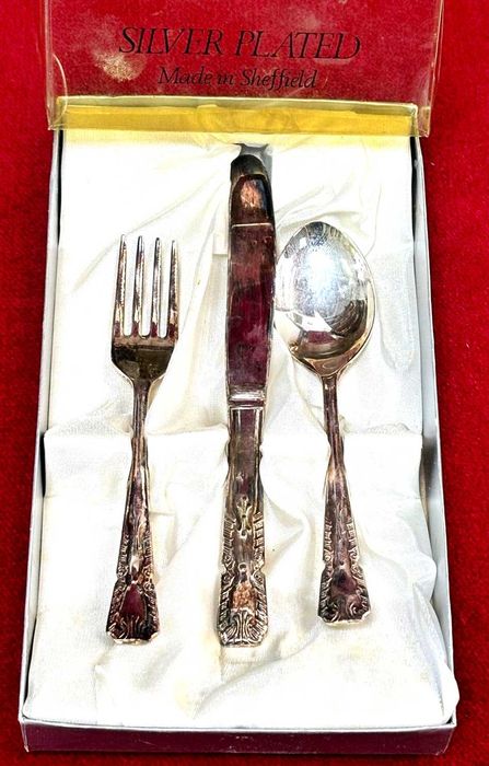 Set de botez pentru copii din 3 piese argintate Sheffield vintage