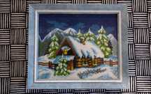 Tablou goblen lucrat manual, înrămat, 28 x 24 cm, peisaj de iarnă