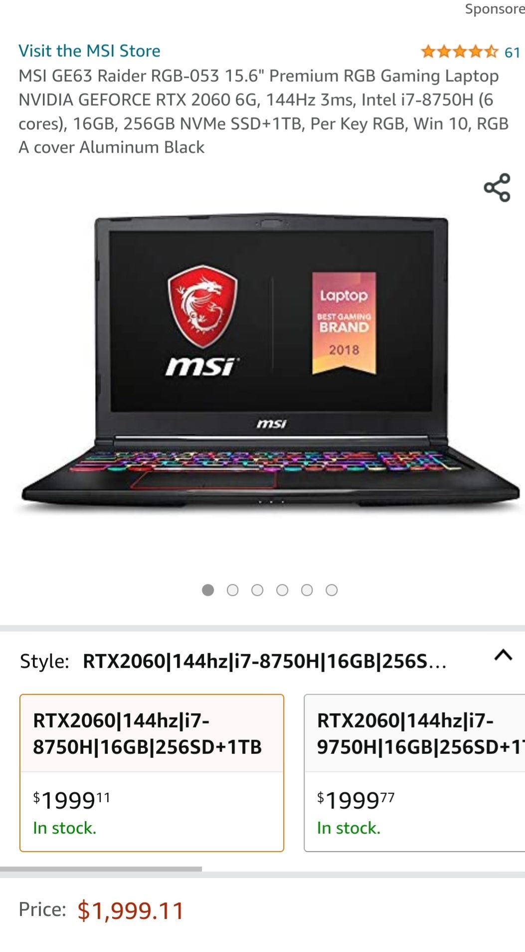 Laptop gaming MSI raider Ge 63 RGB, I7, 16 Gb RAM, RTX2060