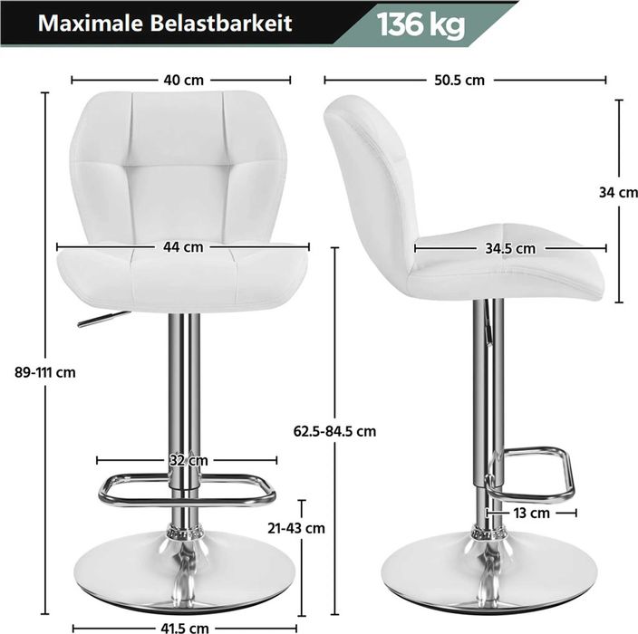 Set 2 scaune bar reglabile, rotative, piele PU |S  614160 White(2pcs)