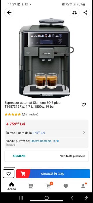 Expresor automat Siemens Eq6 plus 1,7 litri 1500w, 19 bar