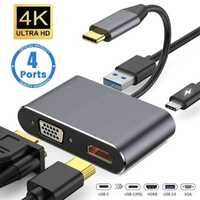 USB-C hub към VGA, HDMI 4K, PD, USB 3.0 за лаптоп, смартфон и таблет