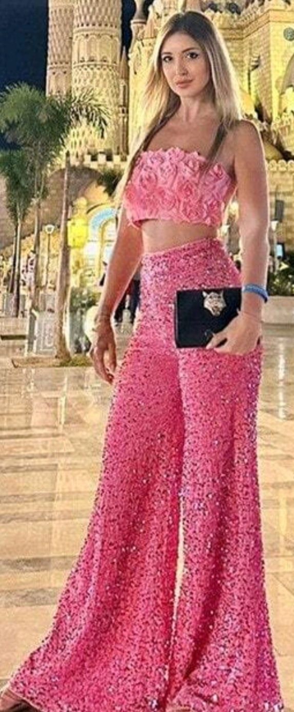 Set compleu pantaloni si top roz paiete S eveniment petrecere