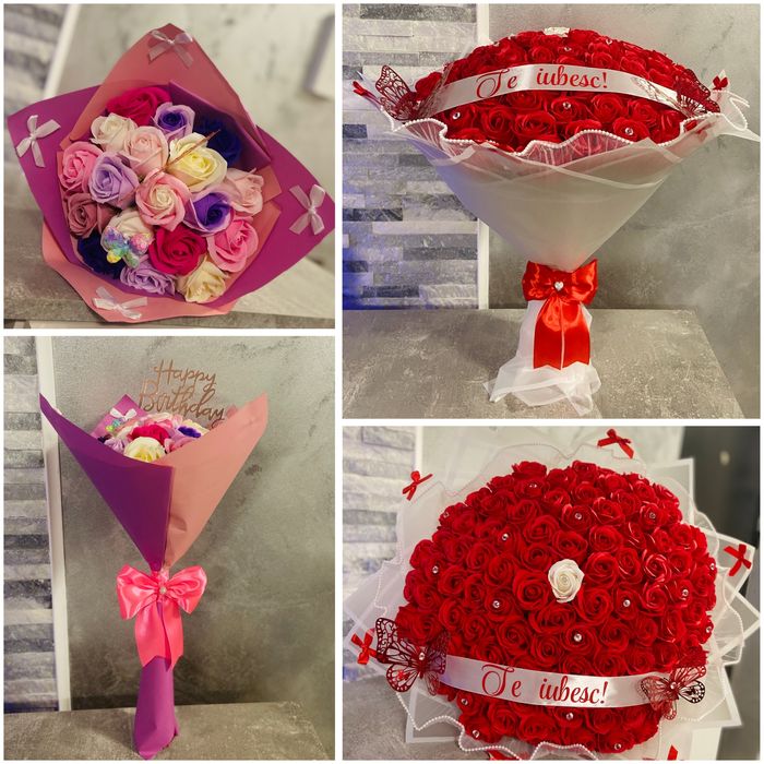 Buchet din trandafiri de sapun sau satin / Aranjamente florale/ dulci