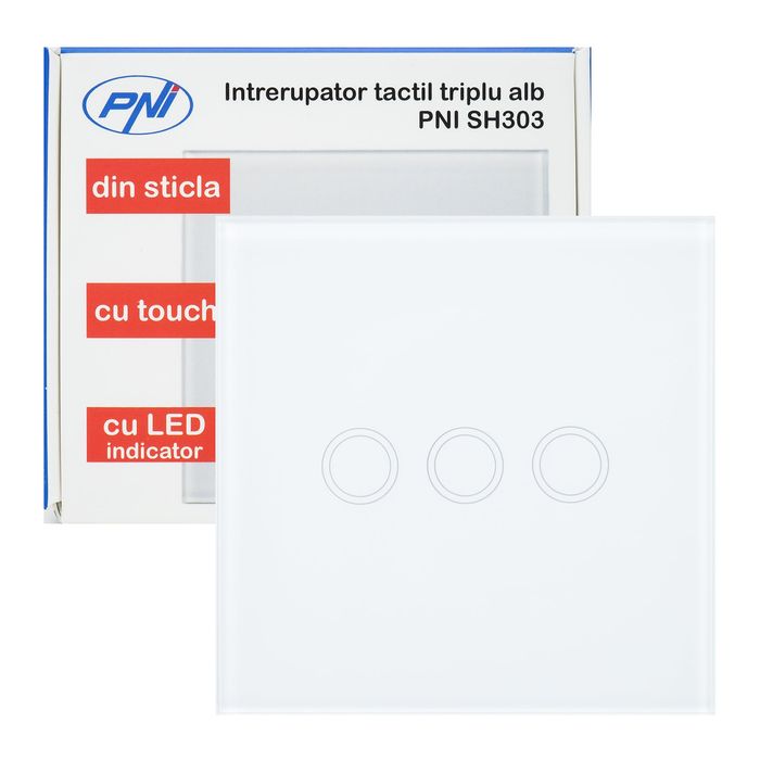 Intrerupator triplu cu touch PNI SH303 din sticla, alb cu LED