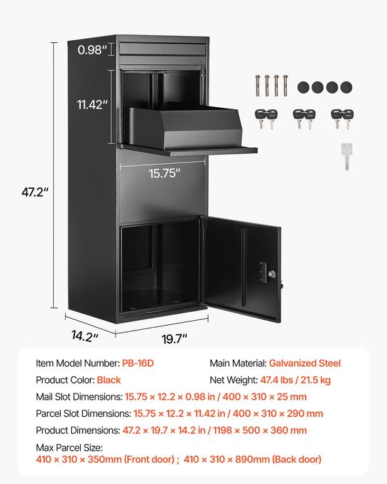 Casuta Postala Negru,Antifurt,1199mm,Otel Galvanizat