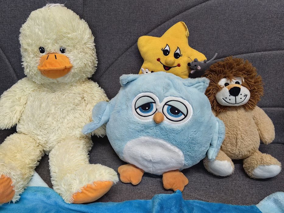 Set plușuri copii:ratușcă, bufniță cu păturică tip sac, leu, soare