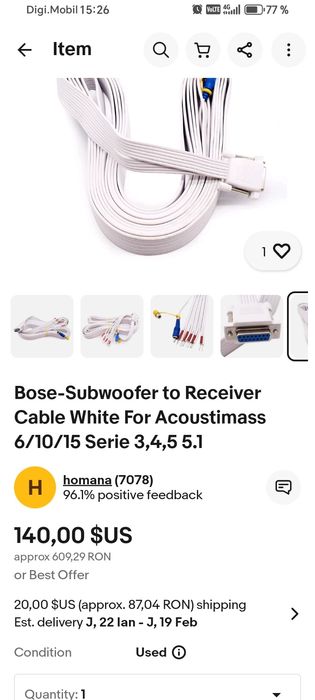 Bose-Subwoofer to Receiver Cable White For Acoustimass 6/10/15 Serie 3