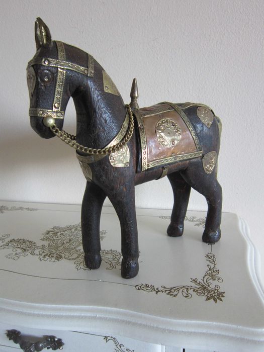 cadou rar Craciun Cal Căluț antic vintage lemn alama bronz cupru
