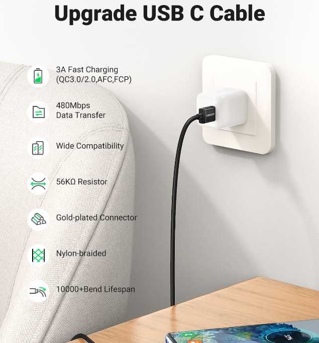 UGREEN кабель USB 2.0 to Type C, 3A Fast Charging 480 Mbps 1 и 2 метра