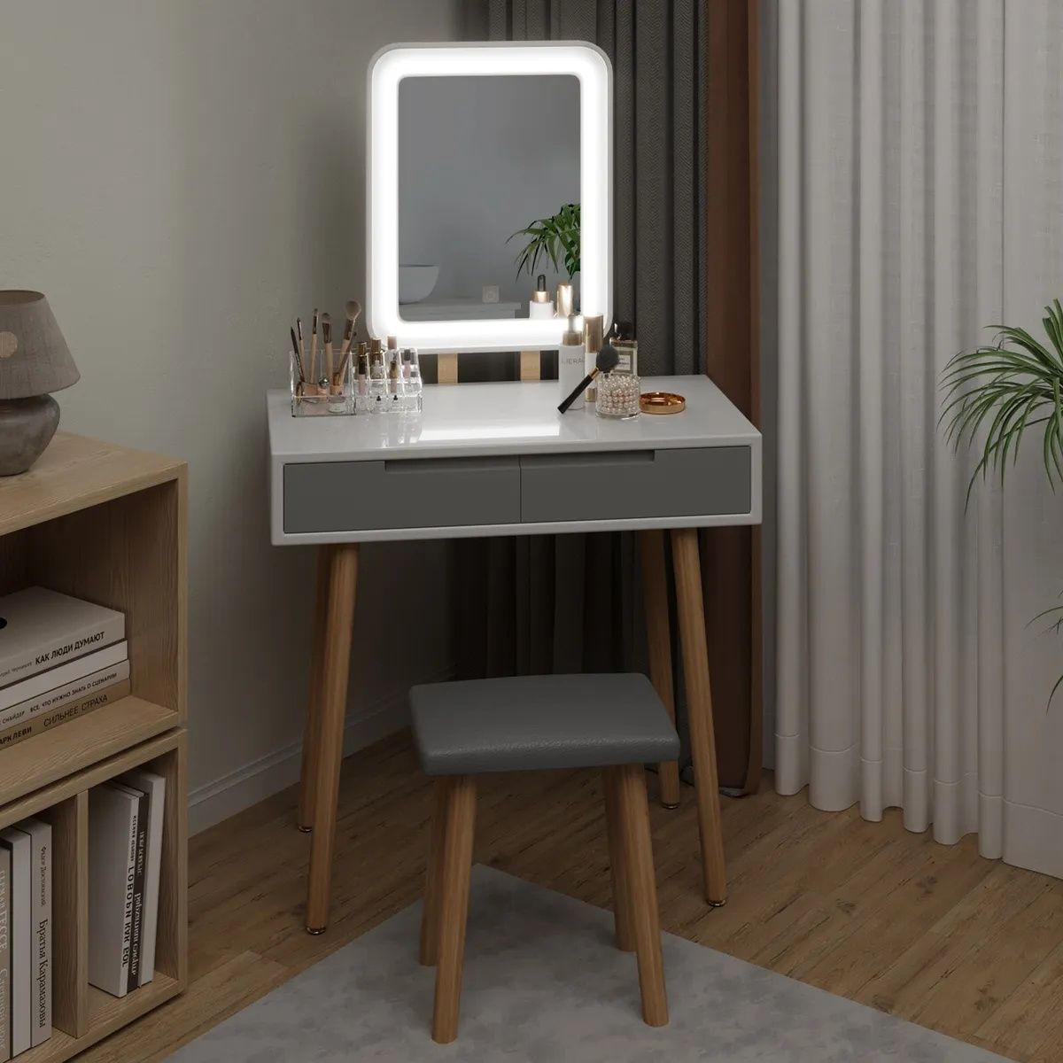 Тоалетка, Дървено бюро за гримове Правоъгълно LED огледало с табуретка