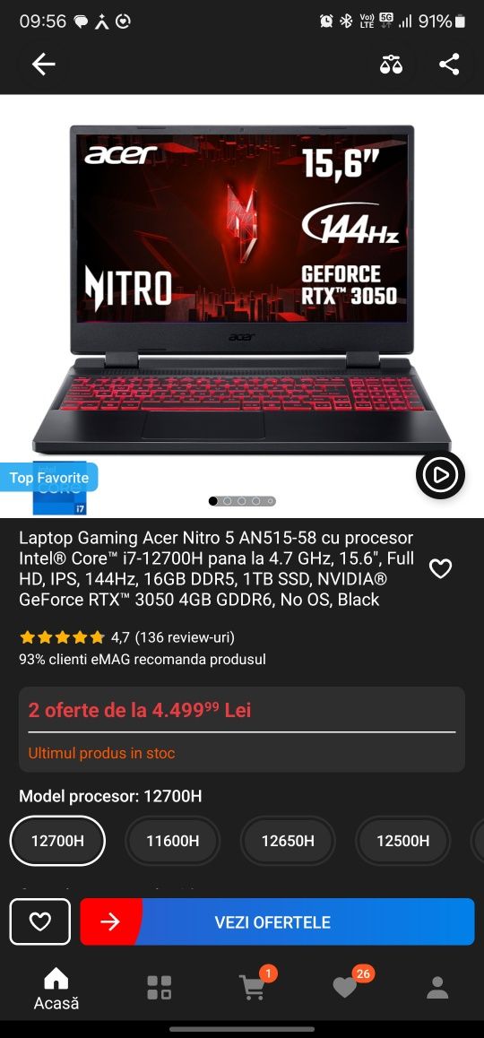 Laptop Acer nitro AN515-58 procesor i7 gen 12 în garanție 2025.12