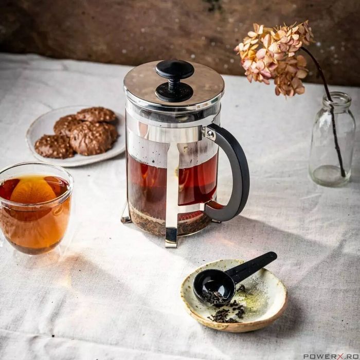 Infuzor ceai din sticla si inox,cu presa si lingurita, 0.6L, Kinghoff