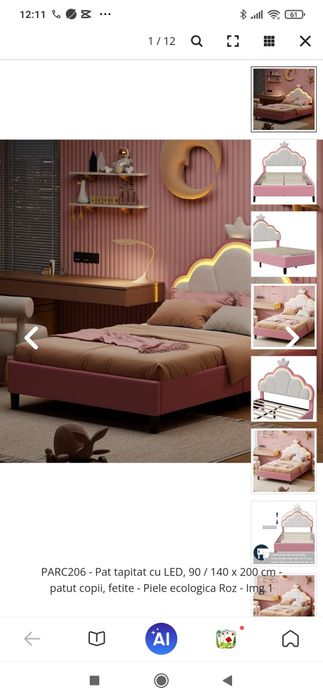 Pat tapițat cu led 90/140x200 cm pat fetițe piele ecologica roz