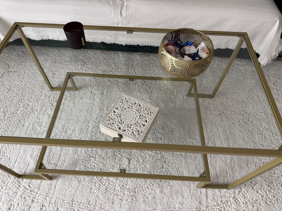 Masuta de cafea, Otel/Sticla, 55x100x45 cm, Transparent/Auriu